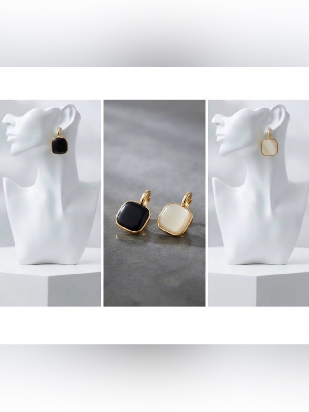 Gold Frame Black and Cream Square Drop Earrings - Women Jewelry
